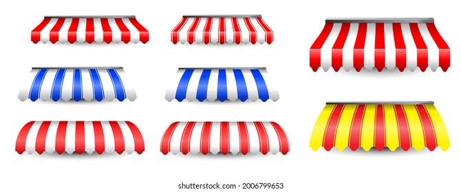 set of realistic awning tents isolated or striped awning sunshade or front store with awning vintage style or flat design kiosk commercial concept. eps vector
