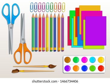 Set of realistic back to school supplies with colorful pencils, scissors, paint, paint brushes, paper clips and colored paper. Art and craft education elements design