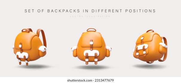 Conjunto de mochilas realistas. Bolso escolar con correas. Ilustración detallada. Vista desde arriba, abajo, lado. Imágenes vectoriales 3D con sombras. Cute knapsack en estilo de caricatura