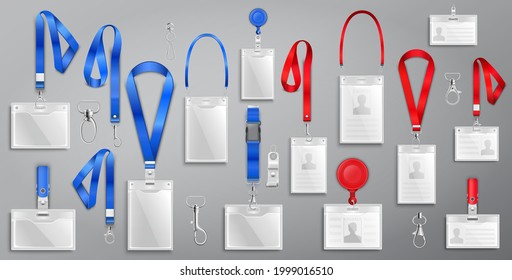 Set of realistic badges id cards on blue and red lanyards with strap clips, cord and clasps vector illustration