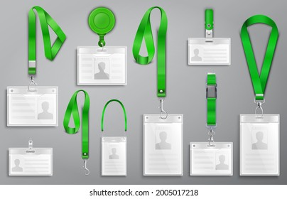 Set of realistic badges id cards on green lanyards with strap clips, cord and clasps vector illustration
