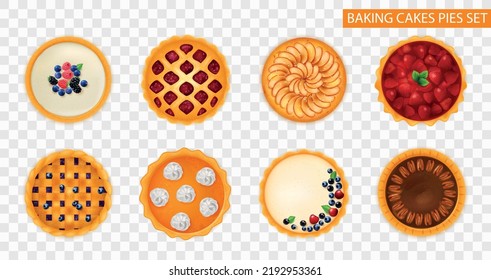 Set with realistic baking cakes pies on transparent background with isolated circle images cake top views vector illustration