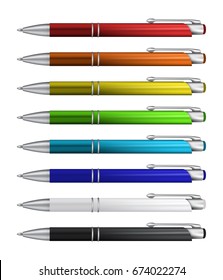 Set of Realistic Ball Pens Isolated on White Background. Vector 3d Ballpoint or Biro Collection for Mockup