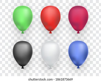 Set of realistic balloons isolated on transparent background. Balloons for Birthday, festive occasions, parties, weddings. Vector illustration