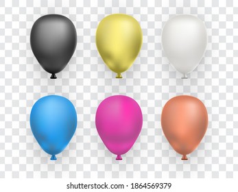 Set of realistic balloons isolated on transparent background. Balloons for Birthday, festive occasions, parties, weddings. Vector illustration