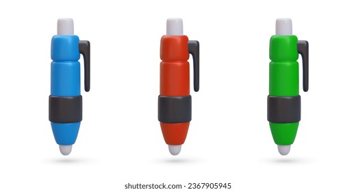 Set of realistic ballpoint pens in different colors. Stationery for beautiful design of records. School supplies. Vector image on white background. Cute icons