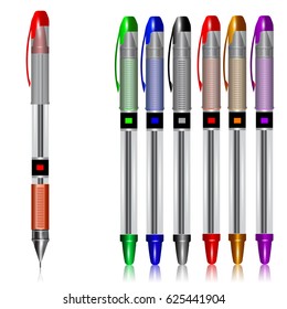 Conjunto de plumas realistas en diferentes colores aisladas en fondo blanco. Representación de vectores 3D