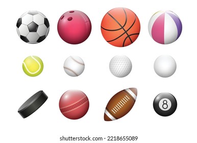 Juego de bolas realistas para juegos deportivos. Rugby, fútbol, fútbol, baloncesto, tenis, voleibol, hockey, golf, béisbol, cricket, boliche y equipo de billar. Ilustración del vector