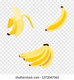 Set of realistic bananas, vector icons. Banana,half peeled banana,bunch of bananas isolated on transparent background, banana icon