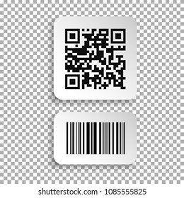 Set of realistic barcode and qr code black icon. Barcode label set sticker. Vector illustration isolated on transparent background.