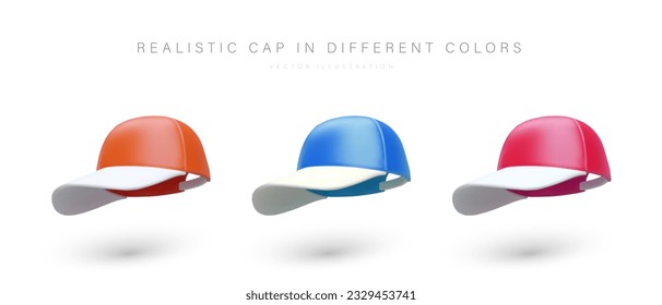 Juego de gorras de béisbol realistas de diferentes colores. Dirección naranja, azul y rosa. Capas modernas y deportivas con visera blanca. Imagen vectorial aislada para tiendas de ropa y accesorios