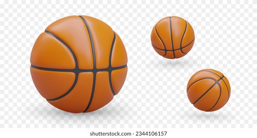 Juego de balones de básquet realistas. Balón naranja para el juego de equipo. Accesorio deportivo redondo. Imagen vectorial aislada. Iconos de color para aplicaciones, juegos, sitios web modernos