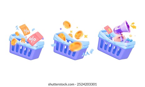 Set of realistic baskets with gold coins, red coupons, gifts and confetti. 3D cute vector illustration for benefit discounts, bonuses.