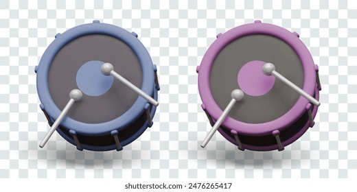 Set of realistic bass drums of different colors with sticks