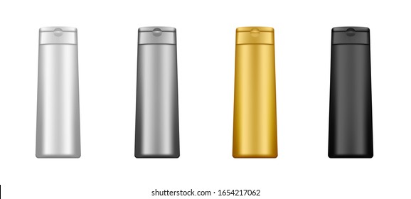 Set of realistic bath blank bottle for packaging design - gold, black, silver, white. Product advertising. Vector 3d illustration. Container for cosmetic and hygiene mockup - shampoo, gel, body care