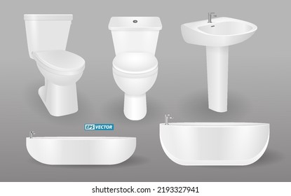 set of realistic bathroom toilet or sink white bathtub washroom isolated. eps vector
