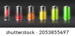 Set of realistic battery charge indicators with low and high energy levels isolated on transparent background. Full charged and discharged accumulators with colorful glow. Vector illustration