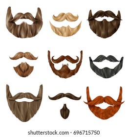 Set of realistic beards and mustache of various shape and color on white background isolated vector illustration