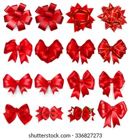 Set of realistic beautiful bows made of red ribbons with shadows