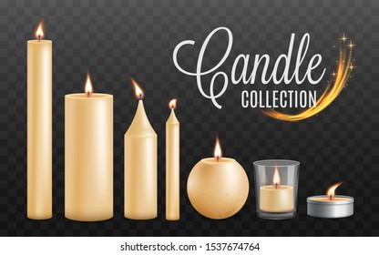 Set of realistic beautiful burning festive candles of different shapes and sizes. Realistic golden candles with fire and flame. Vector illustration of shining candles on a transparent background.