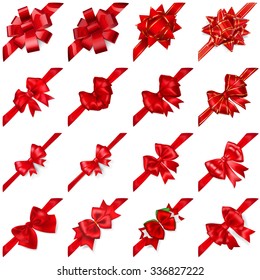 Set of realistic beautiful red bows with ribbons arranged diagonally with shadows