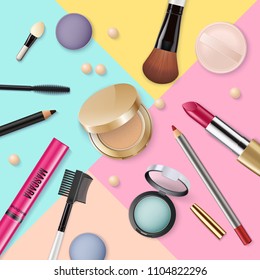 Set of realistic beauty decorative cosmetics and makeup tools beauty. Powder, concealer, eye shadow brush, blush, foundation, lipstick, eyeshadow. Ads template blank.