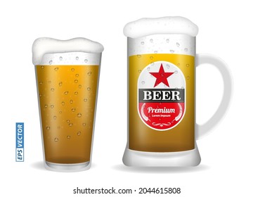 set of realistic beer glasses isolated or vertical close up beer full glass with bubble. eps vector