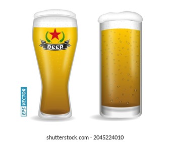 set of realistic beer glasses isolated or vertical close up beer full glass with bubble. eps vector