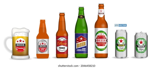 un conjunto de gafas de cerveza realistas aisladas o verticales cerrando la cerveza de vidrio lleno con burbujas. vector de pasos
