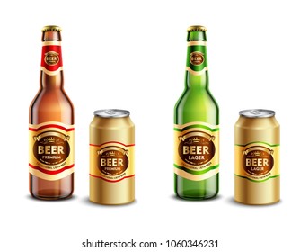 Set of realistic beer packagings including glass bottles and aluminum cans isolated on white background vector illustration