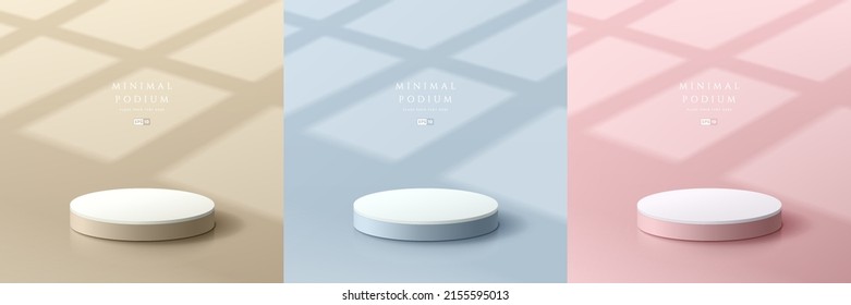Set of realistic beige, blue and pink abstract 3D room with pedestal podium. Minimal scene with window lighting and shadow overlay. Vector rendering geometric forms. Stage showcase, Product display.