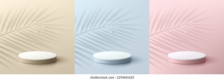 Set of realistic beige, blue and pink abstract 3D background with pedestal podium. Minimal scene with palm leaf shadow overlay. Vector rendering geometric form. Stage showcase, Mockup product display.