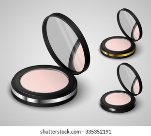 Set of realistic beige compact powder in black container with mirror. Vector illustration