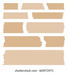 Set of realistic beige pieces isolated stuck on white background. Vector adhesive tape illustration.