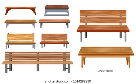 set of realistic bench wood garden or street bench seat or bench cartoon. eps 10 vector