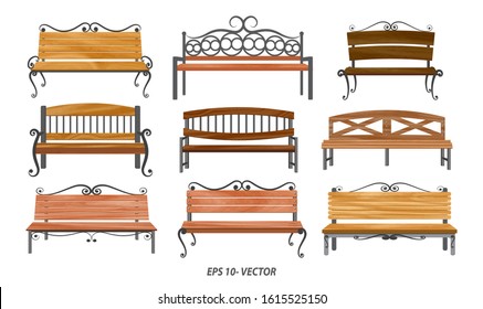 set of realistic bench wood garden or street bench seat or bench cartoon. 