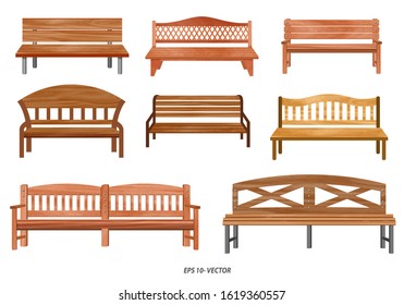 set of realistic bench wood garden or street bench seat or bench cartoon. eps 10 vector