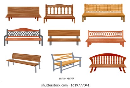 set of realistic bench wood garden or street bench seat or bench cartoon.