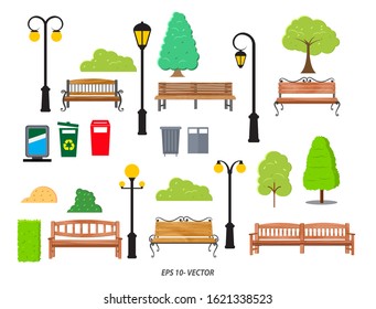 set of realistic bench wood garden or street bench seat or bench cartoon 