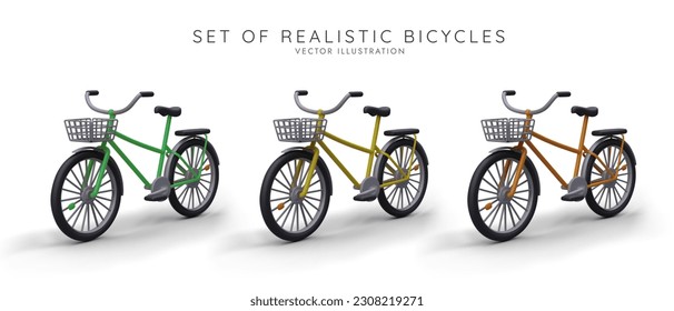 Bicicletas realistas para adolescentes y adultos. Ciclos de diferentes colores con cestas de compras. Vehículos para actividades deportivas en la naturaleza. Bicicletas respetuosas con el medio ambiente