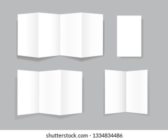 Set Of Realistic Bifold Paper Brochures On Grey Background With Soft Shadows. White Booklet Template. Business Card Design Or Flyer Mock-up. Vector Illustration. 