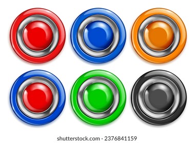 Set of realistic big plastic buttons with shiny borders in various colors. With shadow on white background