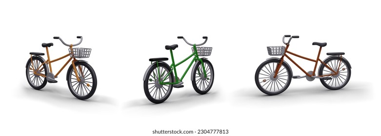 Set of realistic bikes in different colors. 3D bicycles with baskets. Isolated vector image of eco friendly personal vehicles. Illustrations for advertising active lifestyle, rental, sharing