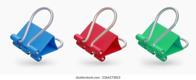 Set of realistic binder clips of different colors. Stationery for neat storage of documents and papers. Isolated vector icons. Fixation, attachment, binding