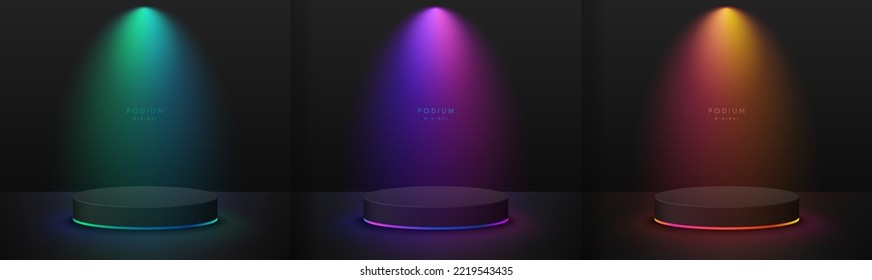 Set of realistic black 3D background, Cylinder pedestal podium with red, pink, blue and yellow glowing neon light neon. Abstract minimal scene. Mockup products, Stage showcase, Vector geometric forms.