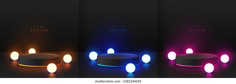 Set of realistic black 3D cylinder pedestal podium with red, pink, blue, yellow glowing sphere balls neon lamps. Abstract minimal wall scene. Mockup products, Stage showcase, Vector geometric forms.