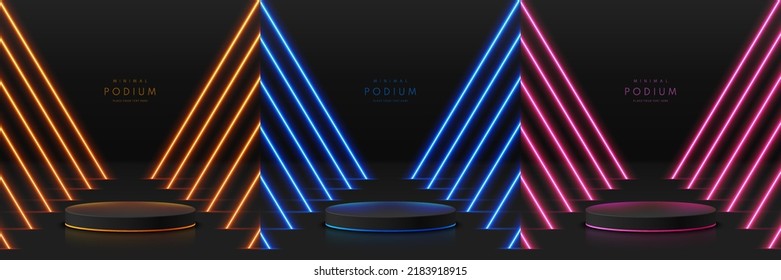 Set of realistic black 3D cylinder pedestal podium in dark room with orange, blue, pink neon light. Abstract minimal scene, Mockup products, Stage showcase, promotion display. Vector geometric forms.