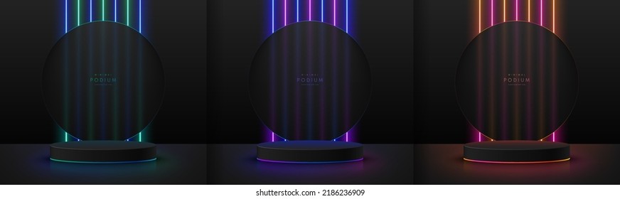 Set of realistic black 3D cylinder pedestal podium with red, green, blue, yellow vertical glowing light neon scene. Abstract minimal scene. Mockup products, Stage showcase, Vector geometric forms.