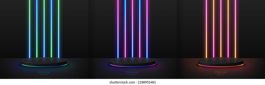 Set of realistic black 3D cylinder pedestal podium with red, pink, blue, yellow glowing vertical light neon background. Abstract minimal scene. Mockup products, Stage showcase, Vector geometric forms.