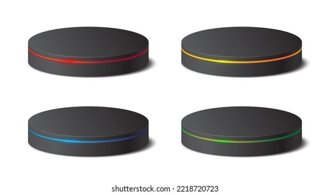 Set of realistic black 3D cylinder pedestal podium with red, green, blue, yellow glowing line lamps. Abstract minimal wall scene. Mockup products, Stage showcase, Vector geometric forms